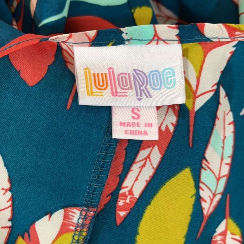Lularoe Lindsay Cover-Up Kimono Teal Feather Print Longer in Back Size Small - Picture 4 of 7